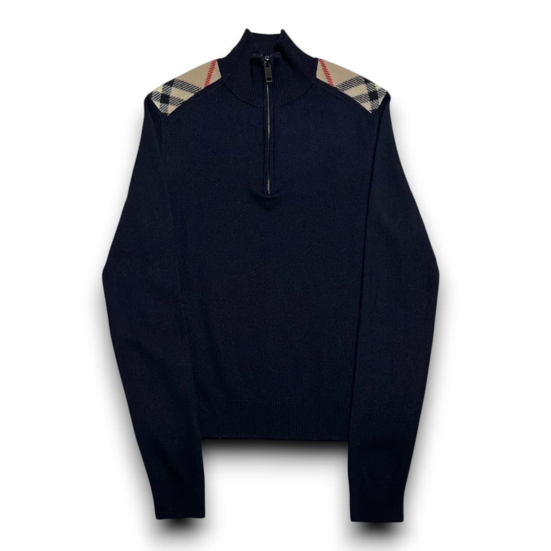 Burberry 런던 여성용 어깨 체크 배색 메리노울 네이비 반집업 니트 상품이미지1