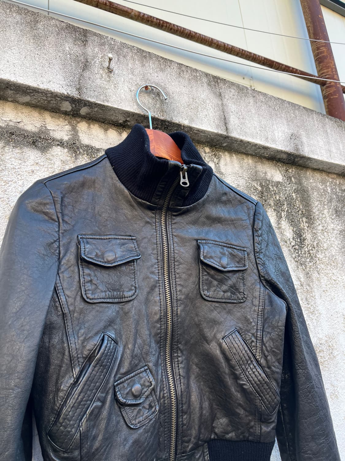 Vintage 하이넥 크롭 레더 자켓  상품이미지2