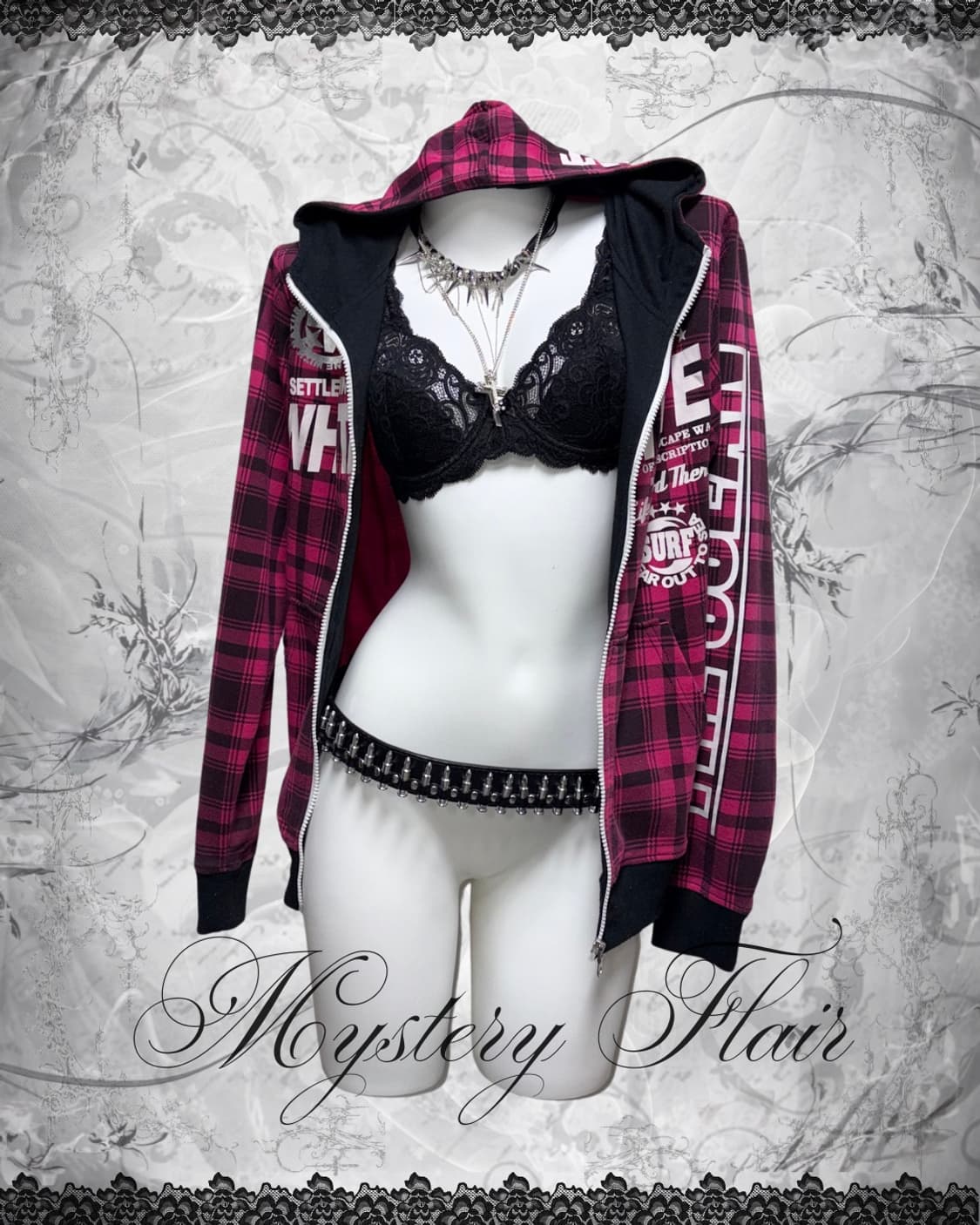 00s 갸루펑크 핫핑크 체크 레터링 후드집업 상품이미지3