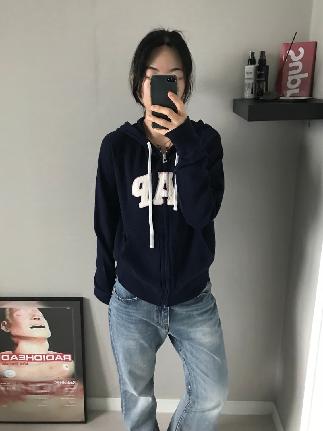 갭 GAP 중앙 자수로고 네이비 후드집업 딱붙핏 상품이미지2