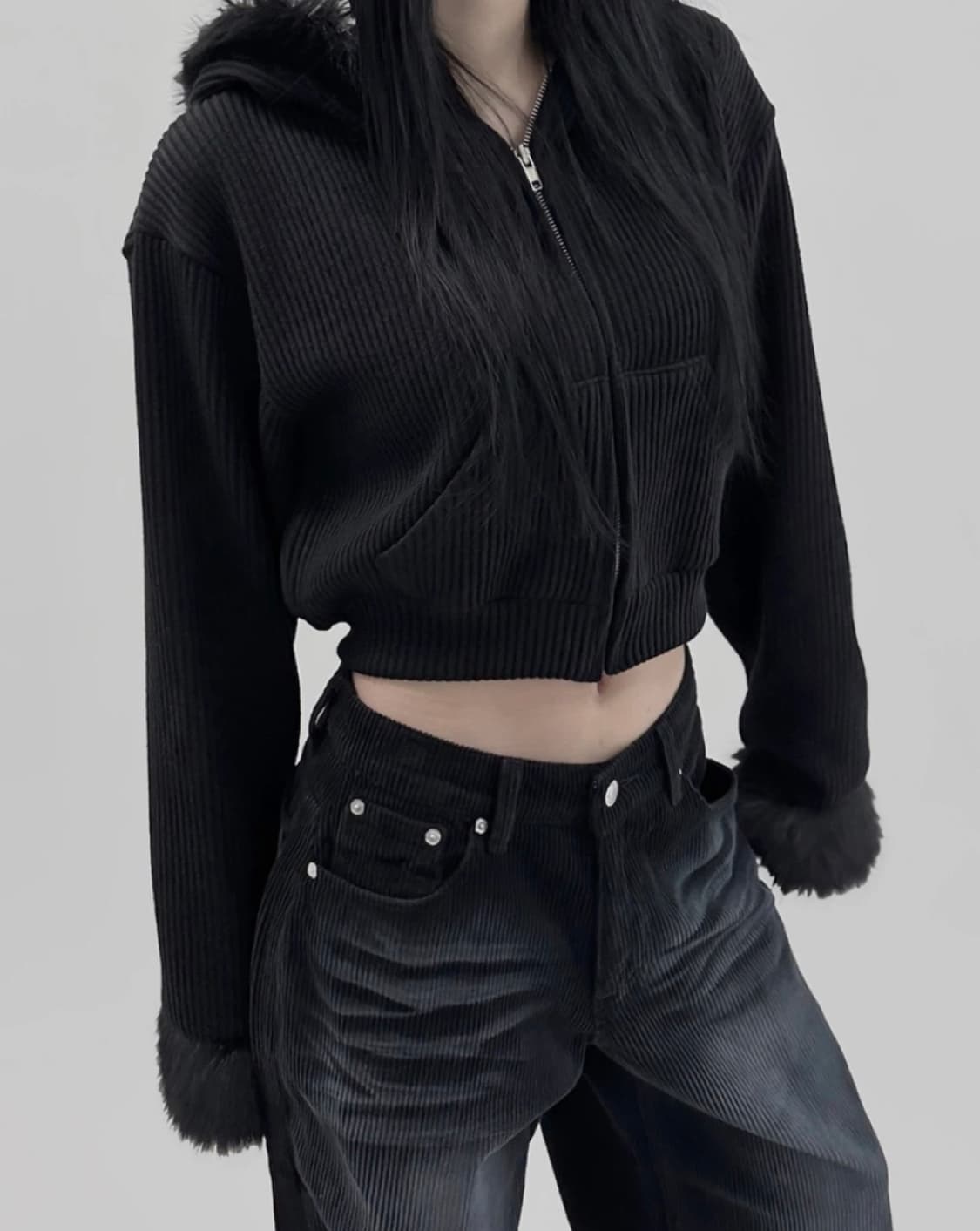 므넴 샤킨 퍼 골지 후드집업 상품이미지1