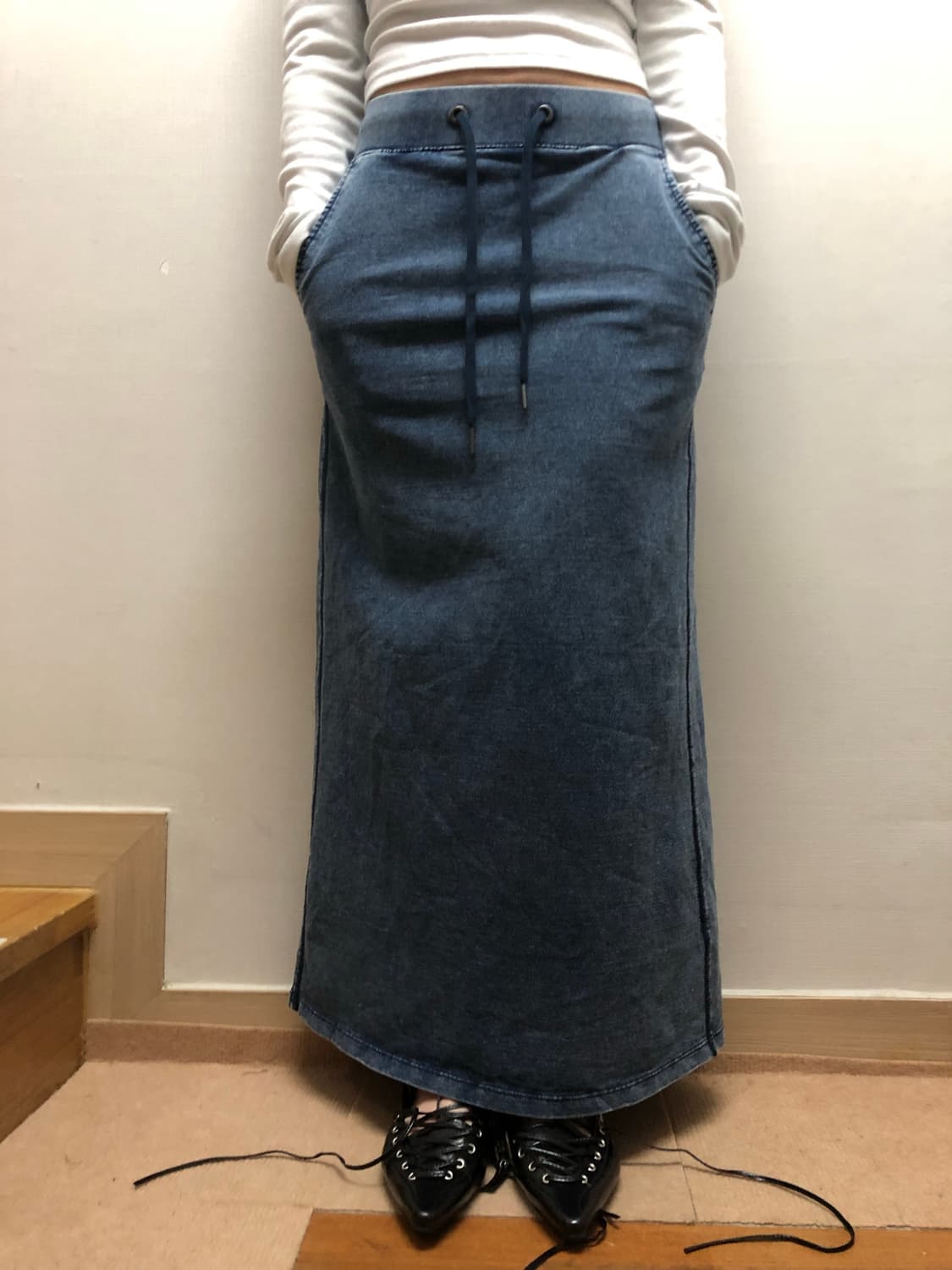 빈티지 데님 프린팅 코튼 롱 스커트 상품이미지3