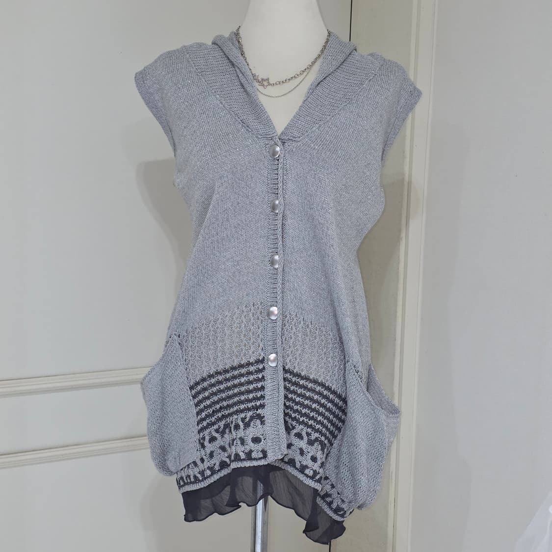 빈티지)y2k 모리걸 아오이유우st 글리터 그레이 엑팜깔 니트롱베스트 상품이미지1