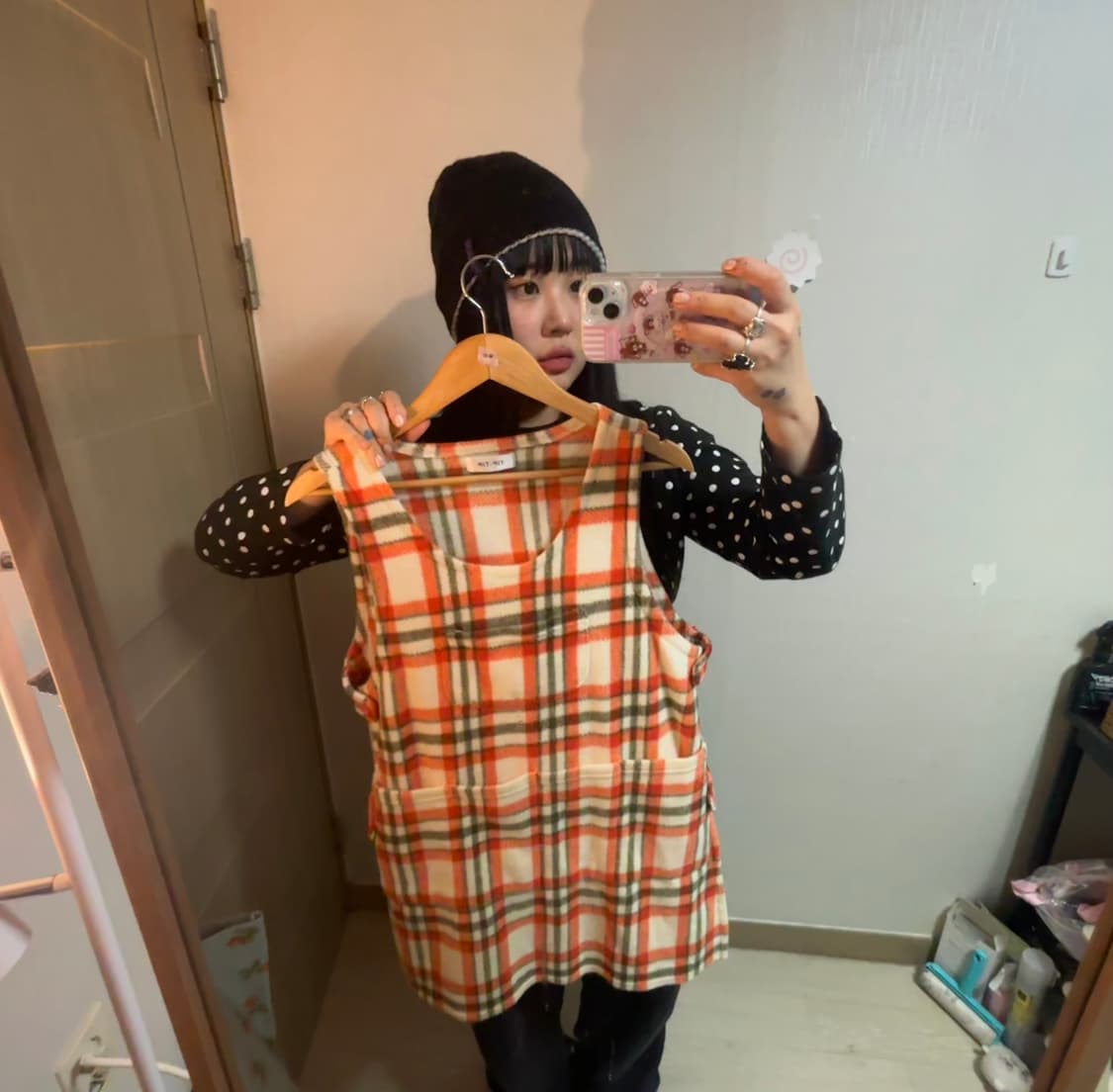 체크 후리스 레이어드 원피스 상품이미지1