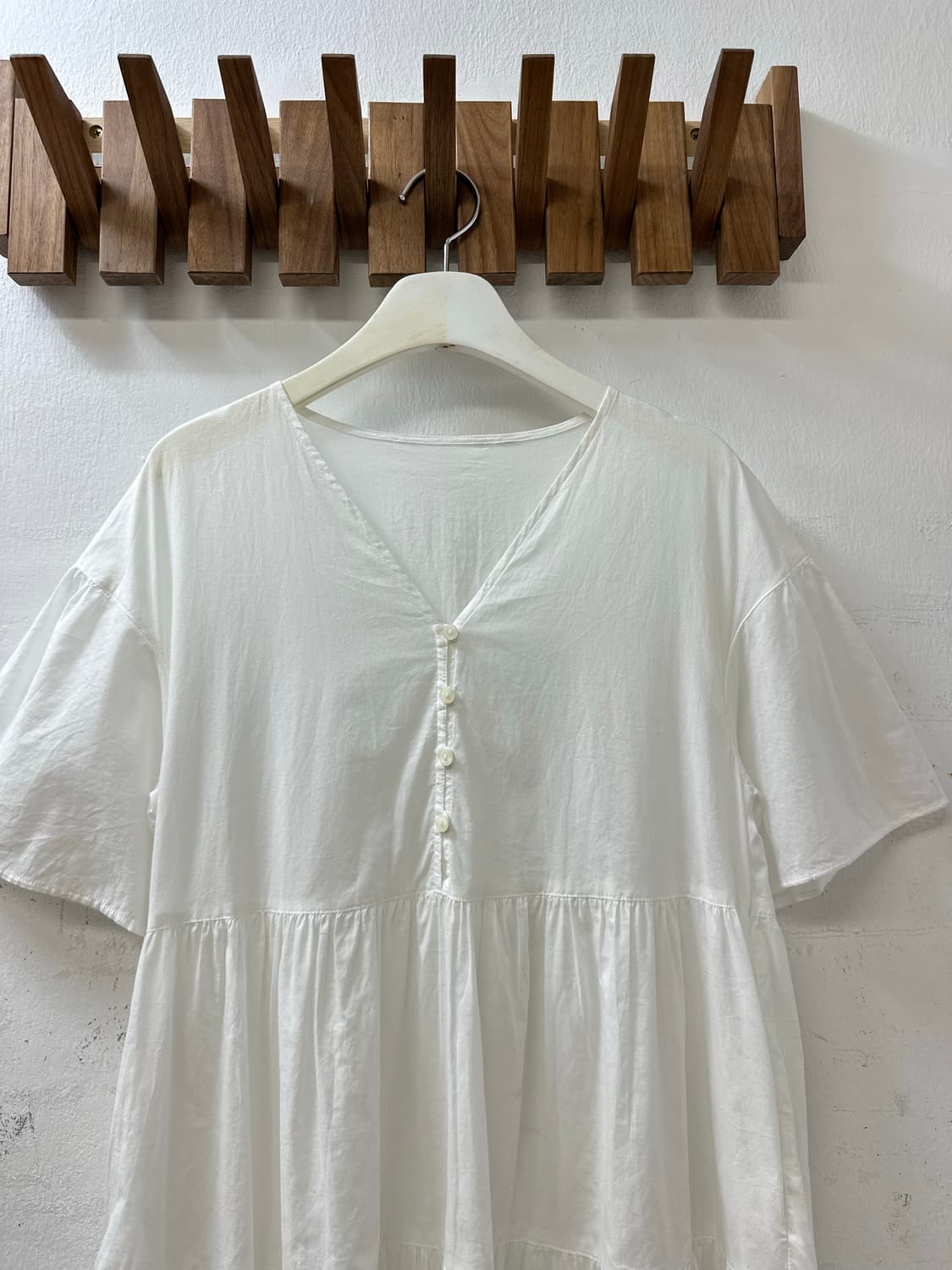 일본빈티지 코튼100% 화이트 티어드 버튼넥 반팔 블라우스 원피스 상품이미지3