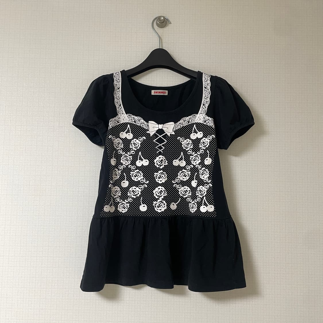 빈티지 퍼프소매 뷔스티에 레이스 플레어 반팔 티셔츠 갸루 너드 y2k 상품이미지1