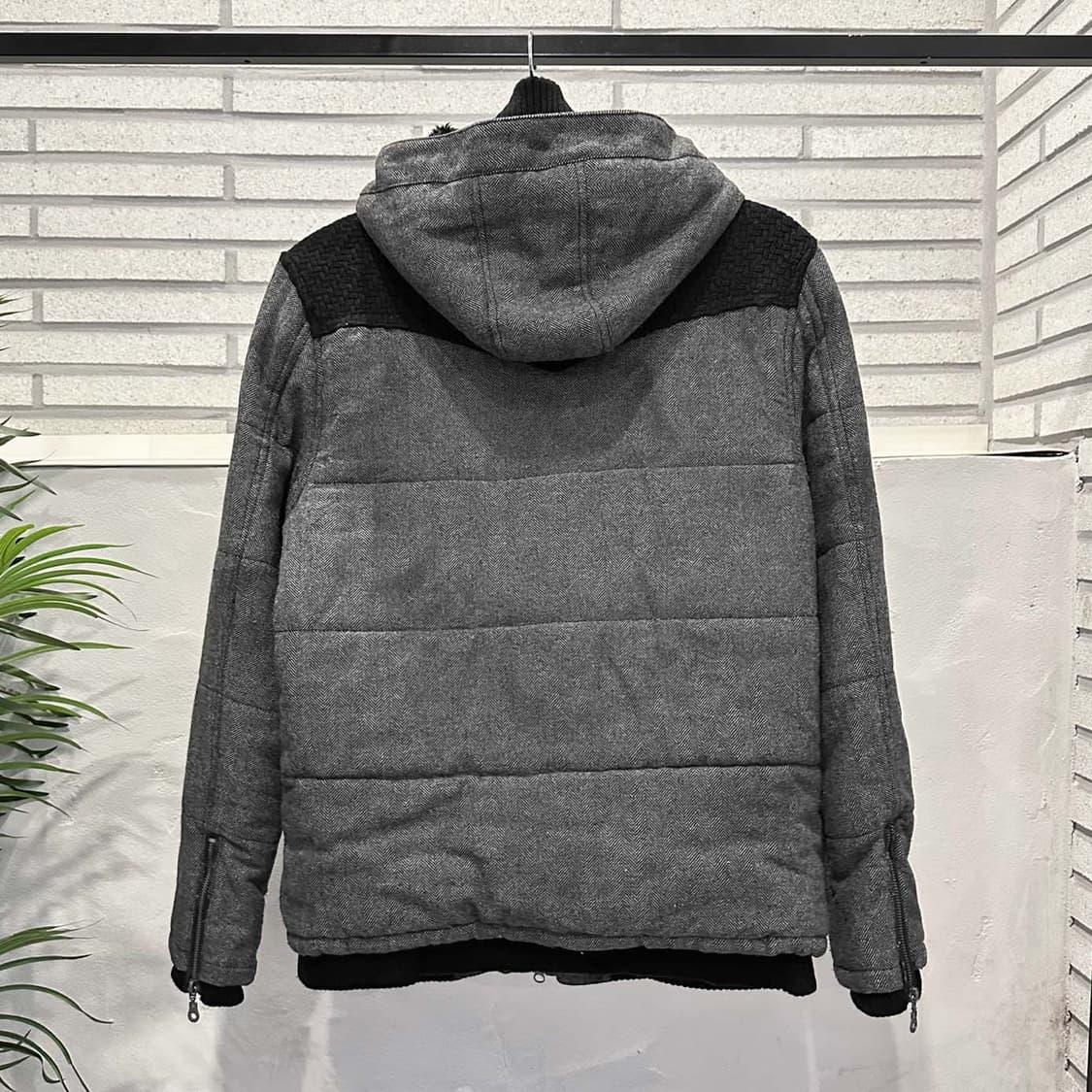 JPN VINTAGE 후드 패딩점퍼 헤링본 패턴 하이넥 디테일 그레이 상품이미지2