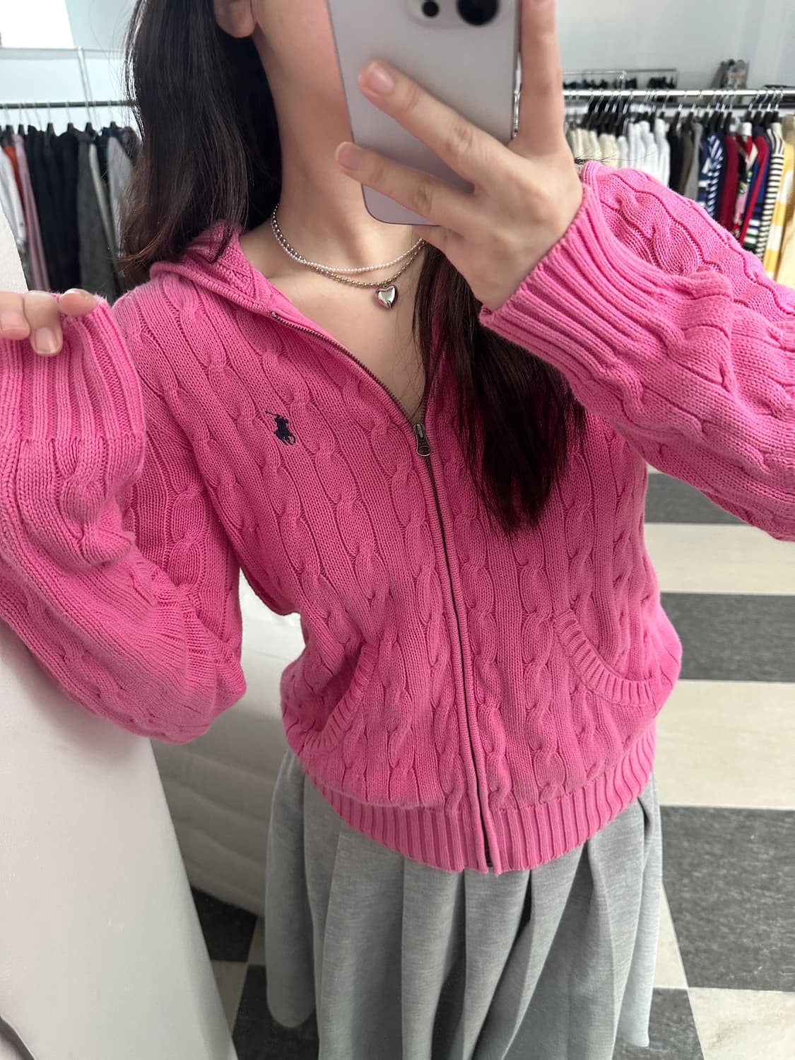 랄프로렌 스포츠 핑크 케이블 니트 후드집업 상품이미지1