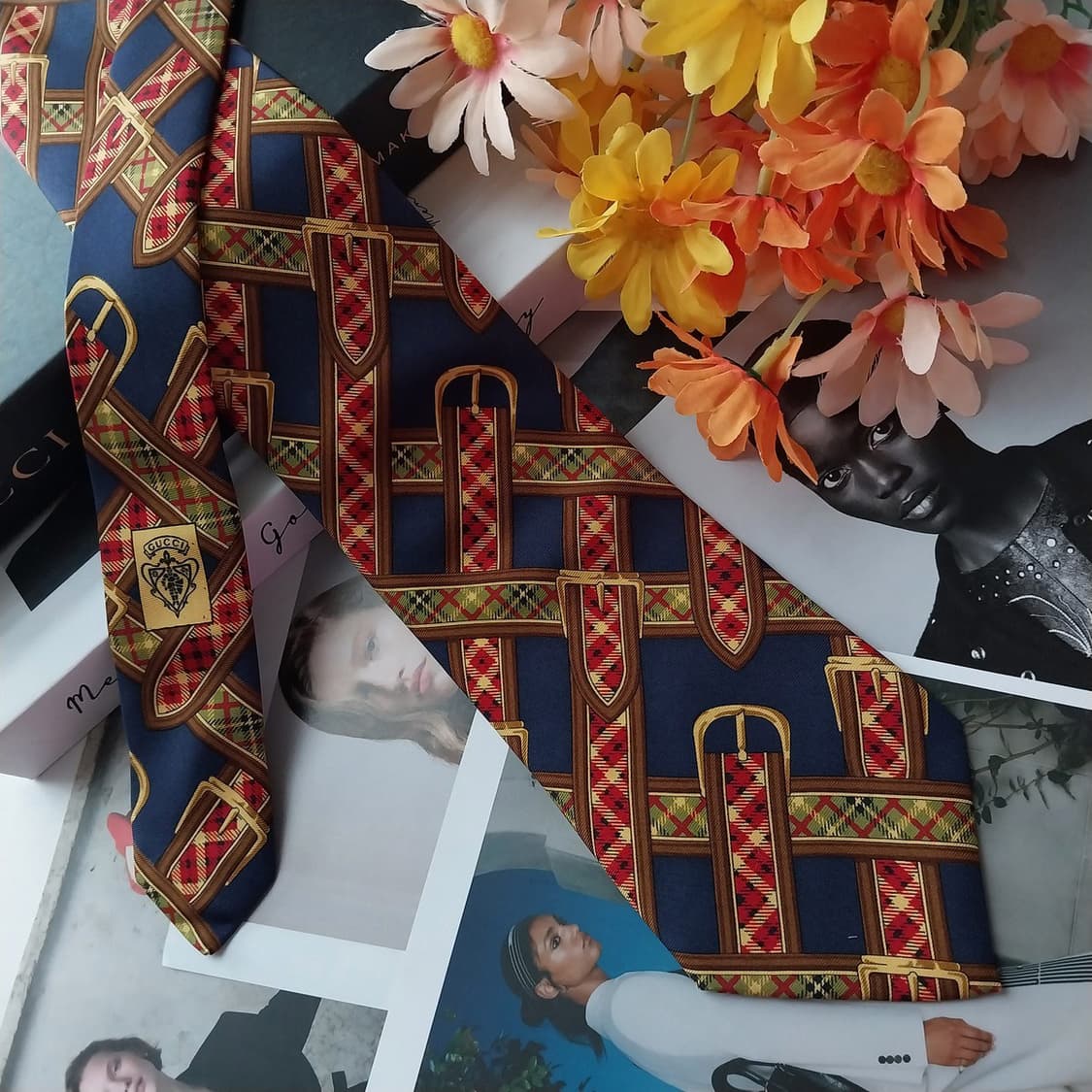 구찌 네이비 벨트 모티브 패턴 넥타이 9.3cm A+등급 K2564 상품이미지4