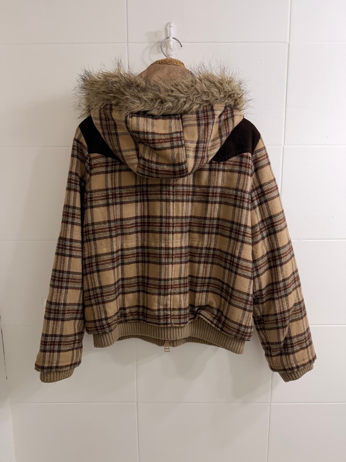 빈티지 브라운 체크 웨스턴 디테일 퍼 패딩 자켓 상품이미지5