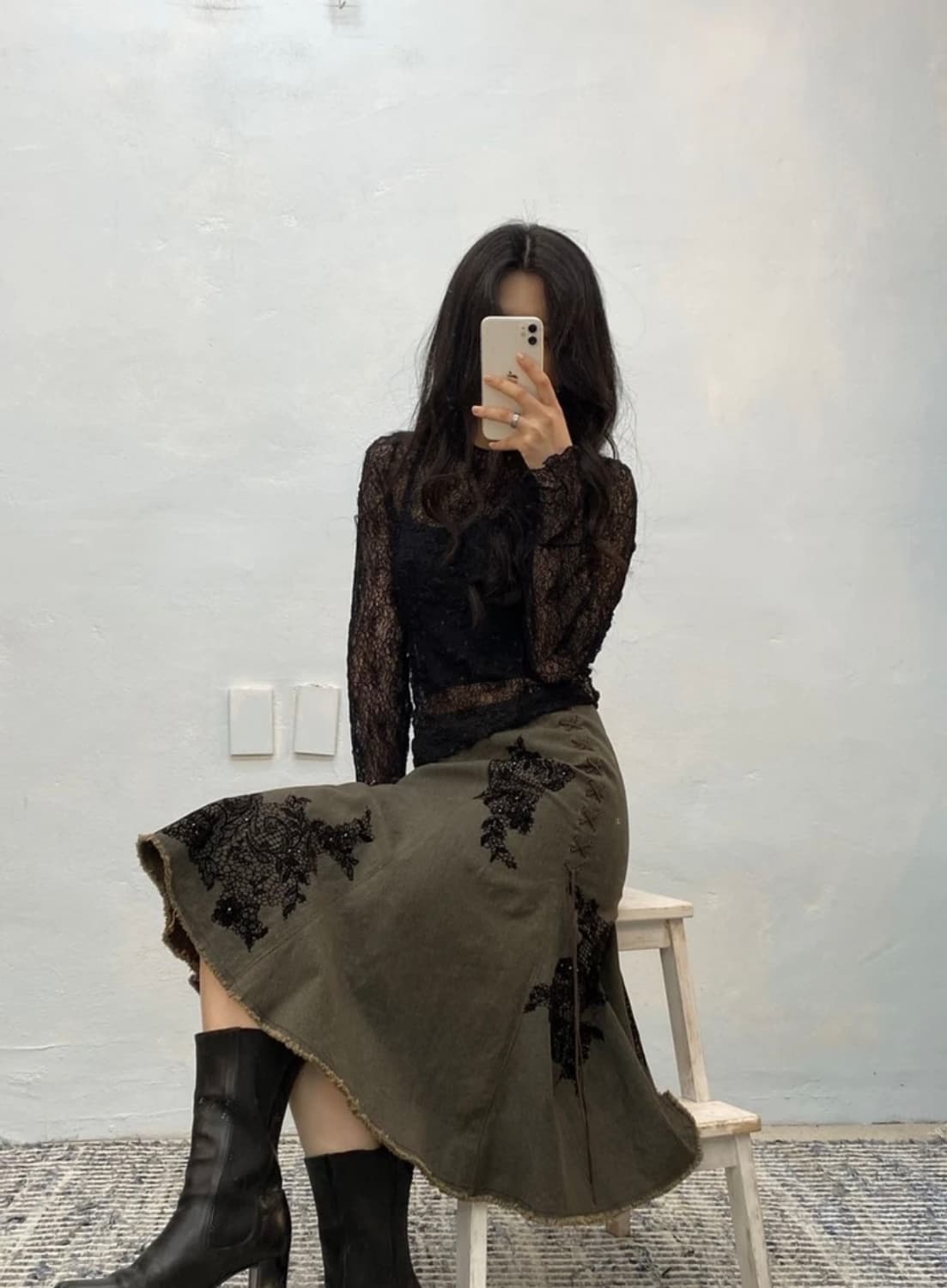 [1456]Khakibrown denim floral lace skirt 상품이미지1