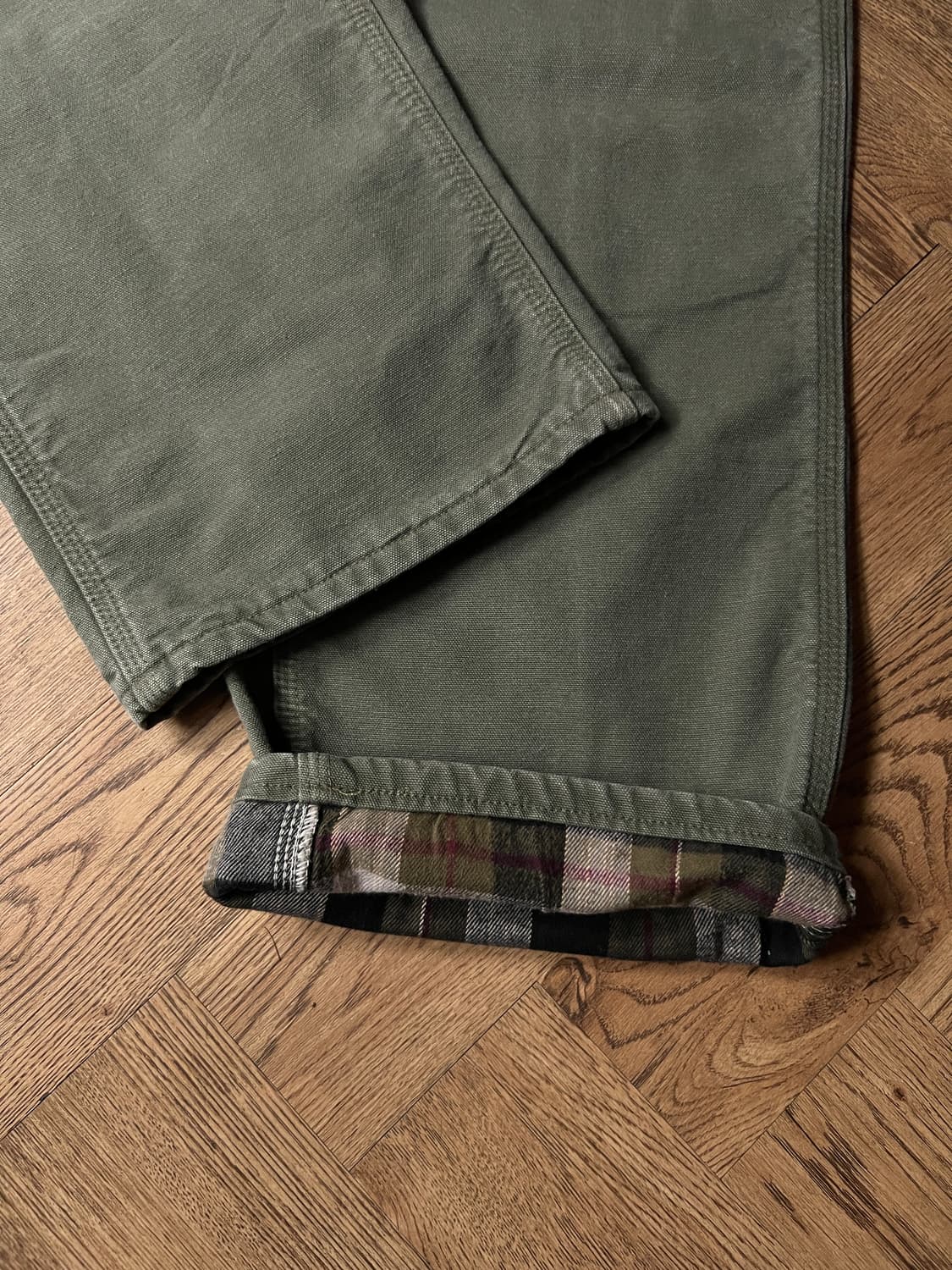 [38]칼하트 USA 체크 라이닝 모스그린 싱글니 카펜터 워크 팬츠 상품이미지5