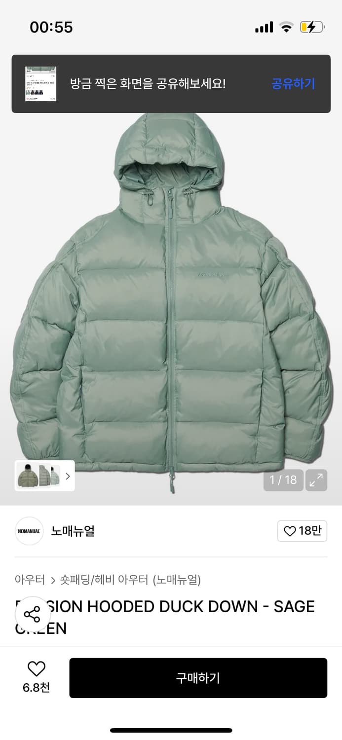 노매뉴얼 패딩 DIVISION HOODED DUCK DOWN - SAGE 상품이미지1