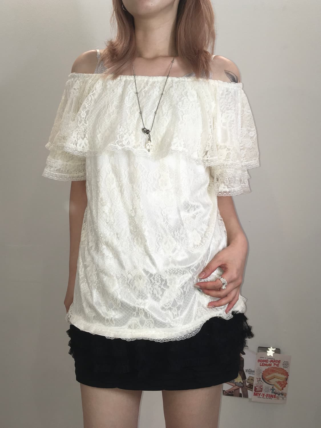 jpn vintage 아이보리 레이스 오프숄더 블라우스 상품이미지3