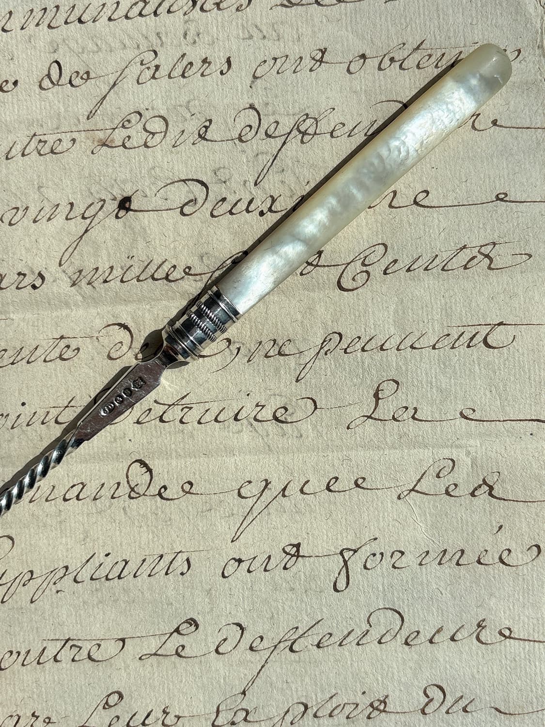 영국  앤틱 실버플레이트 마더오브펄 핸들 올리브 포크 상품이미지3