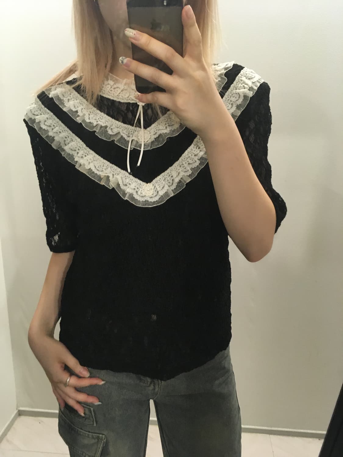 jpn vintage 블랙 로걀 러플 레이스 블라우스 상품이미지2