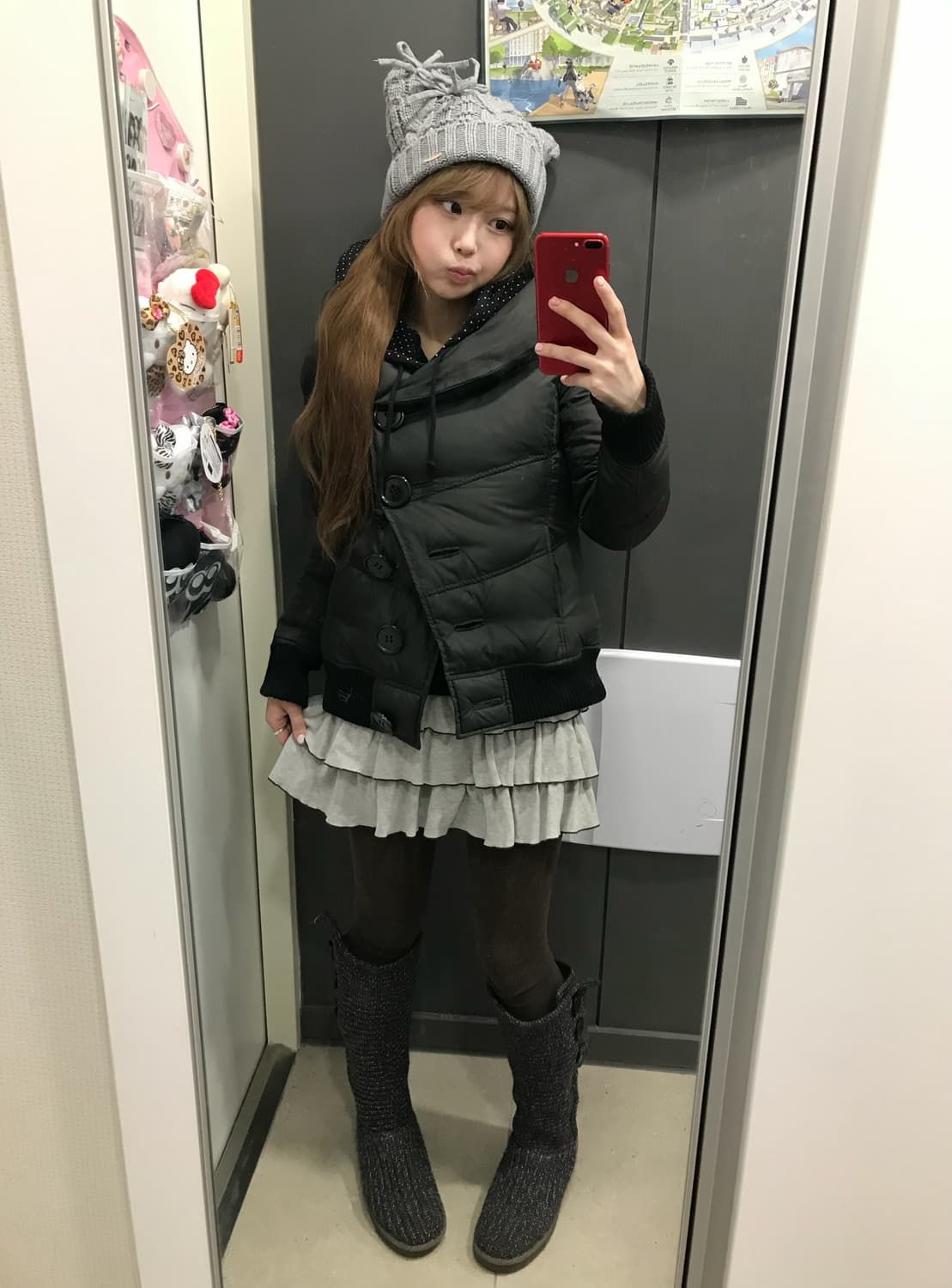 무채색 블랙 니혼진 도트 빅버튼 패딩 코디세트 상품이미지3