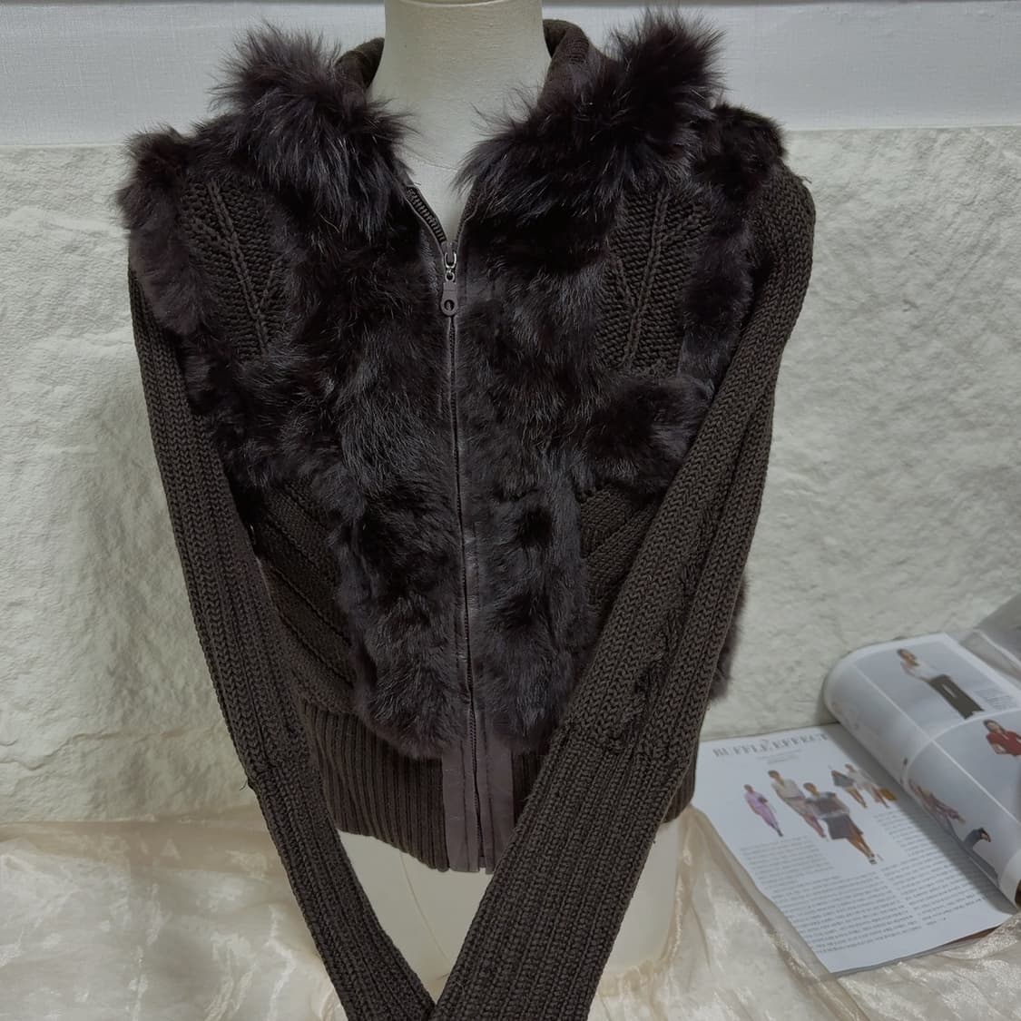 빈티지 브라운 폭스퍼 후드 꽈배기 토끼털 니트자켓 후드집업 상품이미지3