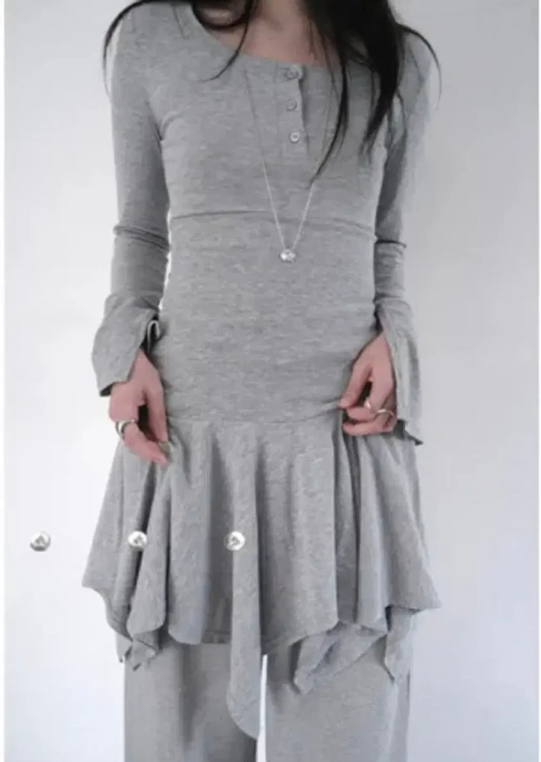 애프터먼데이 믹스 버튼 슬리브 원피스 그레이 상품이미지1