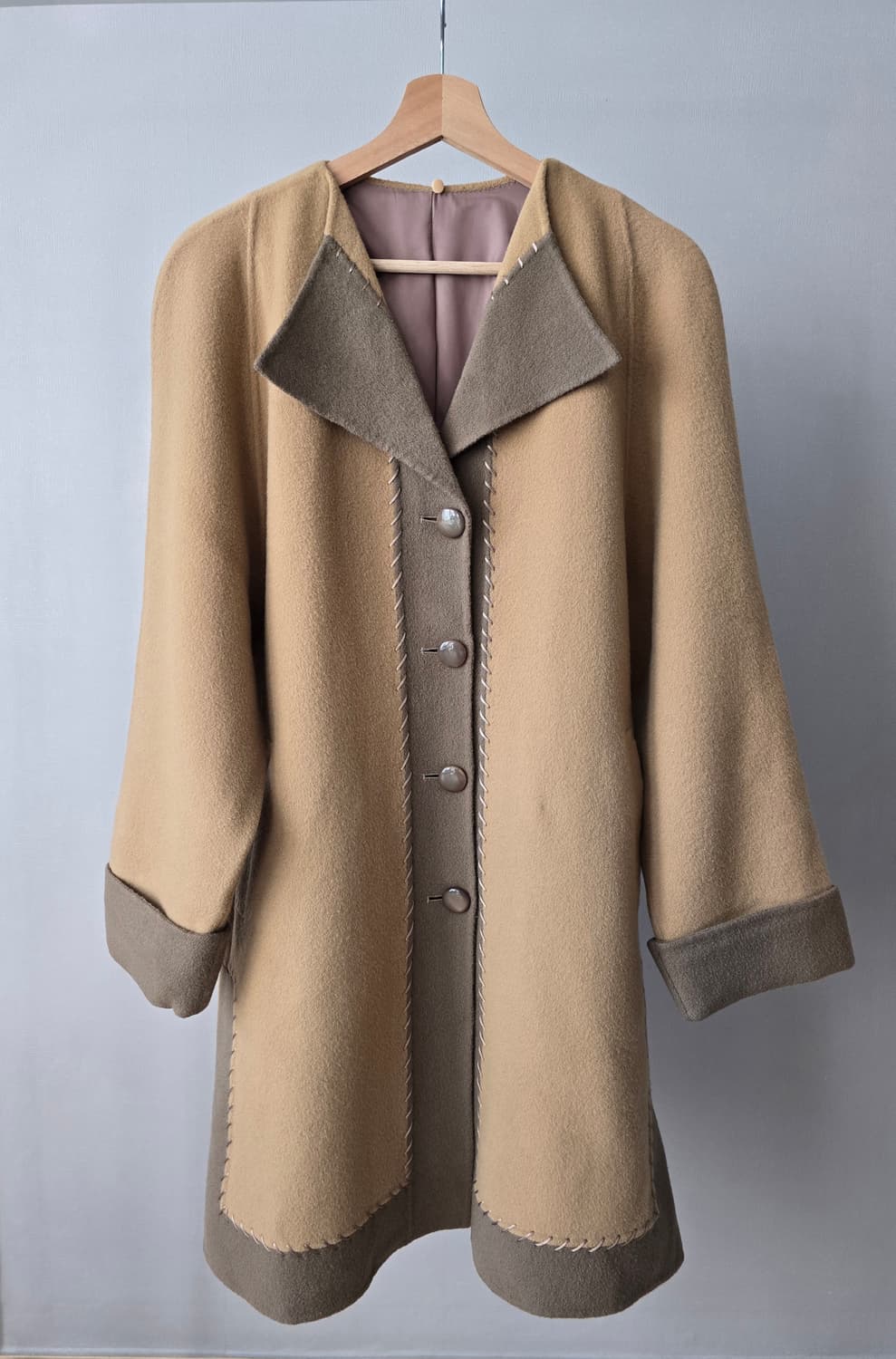 빈티지 Two-way 카라 베이지브라운 휩스티치 트렌치 울 코트 상품이미지3