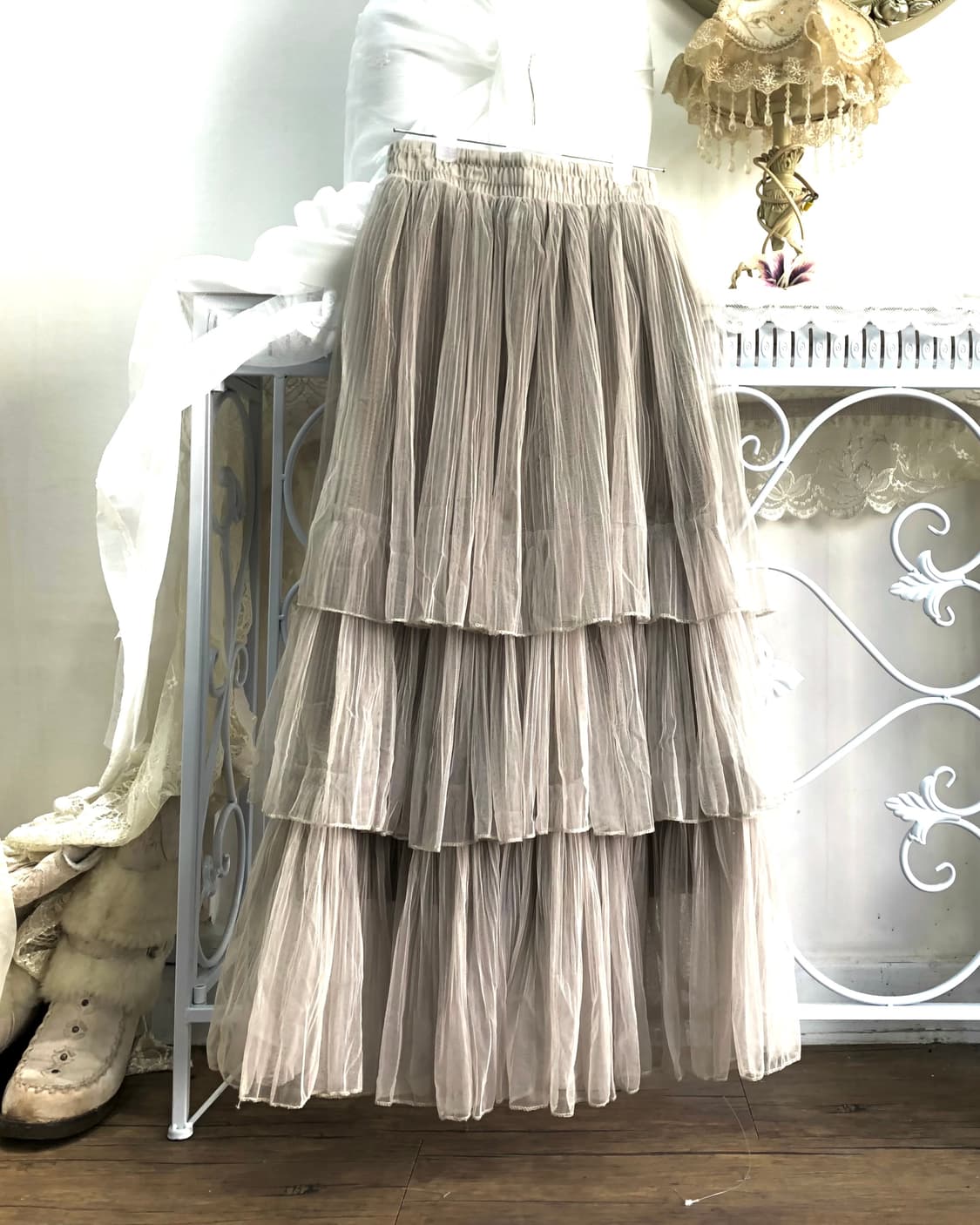 khaki beige tiered ruffle long skirt 상품이미지1