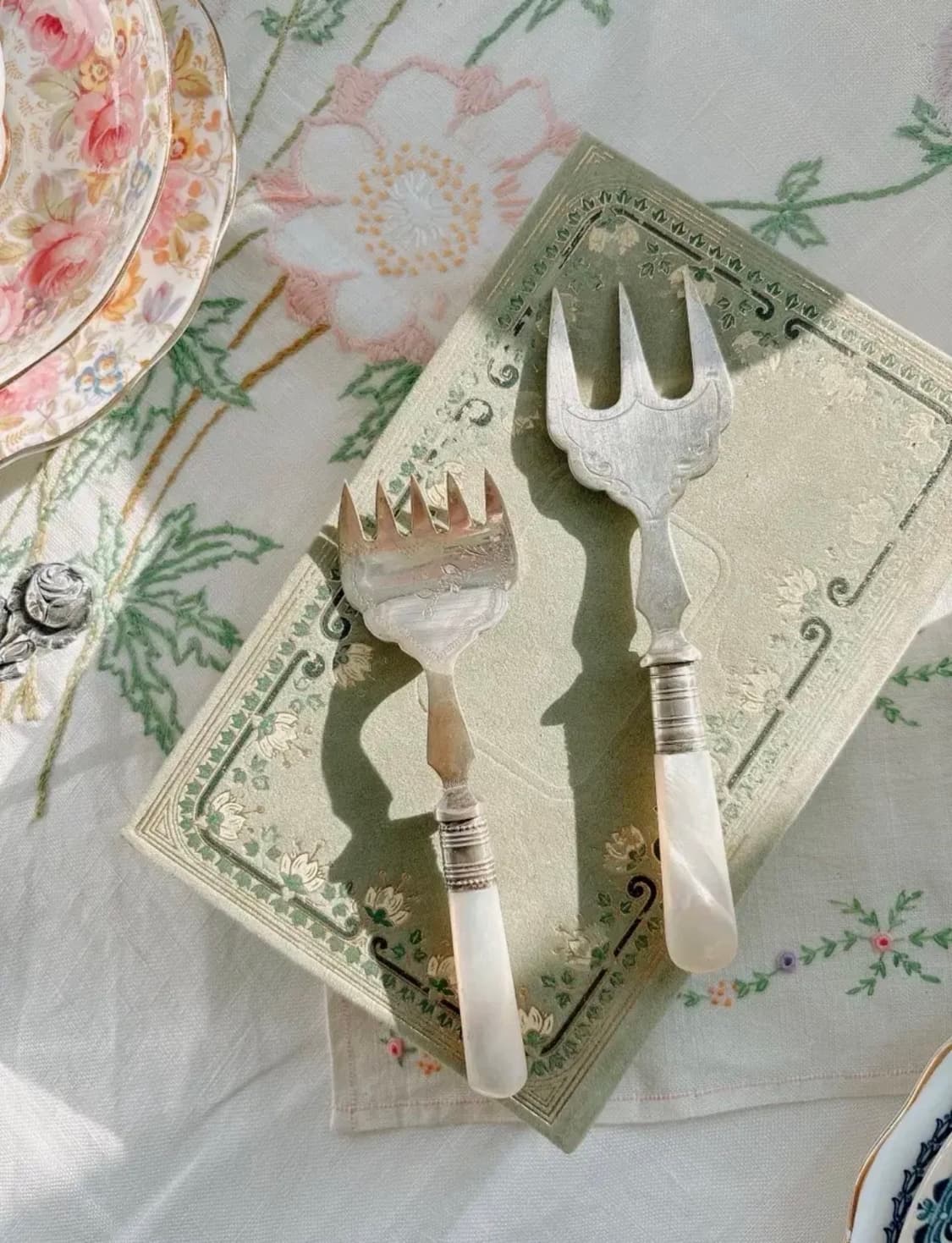 영국 앤틱 EPNS 실버플레이트 자개 브레드 포크세트 상품이미지1