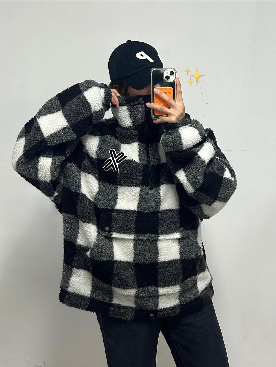 젝시믹스 자수로고 오레오 체크 플리스 아노락 상품이미지1