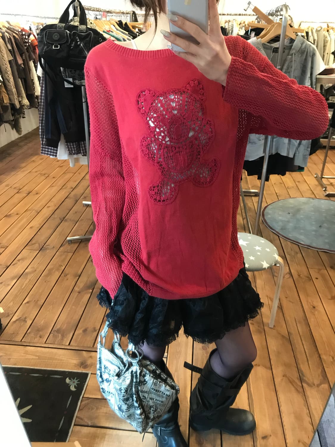 히스테릭글래머 레드 퍽베어 그물 니트 상품이미지3