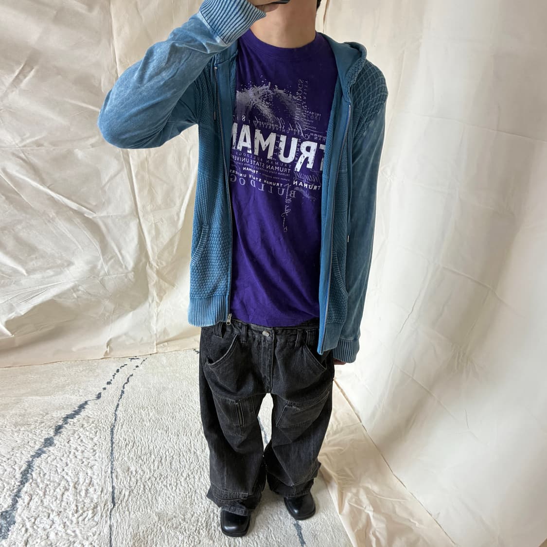 Indigo Mixed Mesh Knit Zip-up hoodie 상품이미지3
