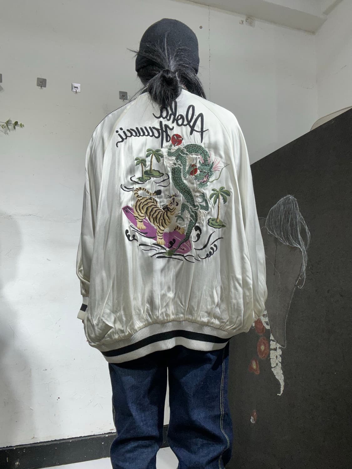 일본빈티지 대장급 화이트 호랑이 용 자수 오버핏 스카잔  L 상품이미지1