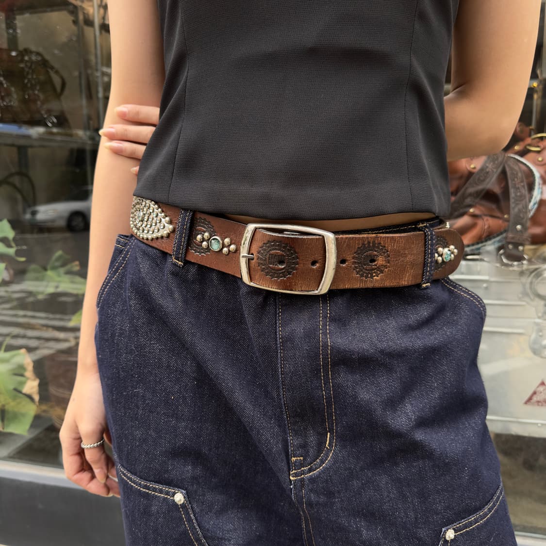 빈티지 리얼 웨스턴 가죽 다이아몬드 & 스터드 벨트 상품이미지1