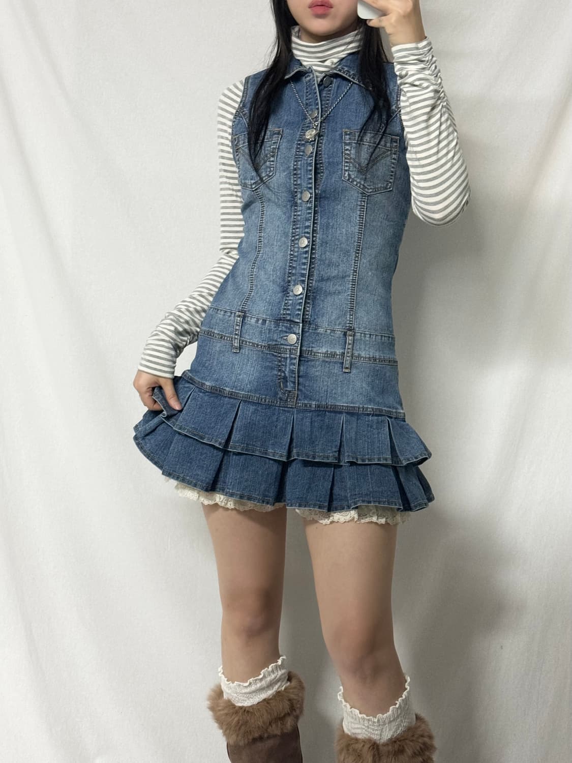 버튼 데님 프릴 원피스 상품이미지4