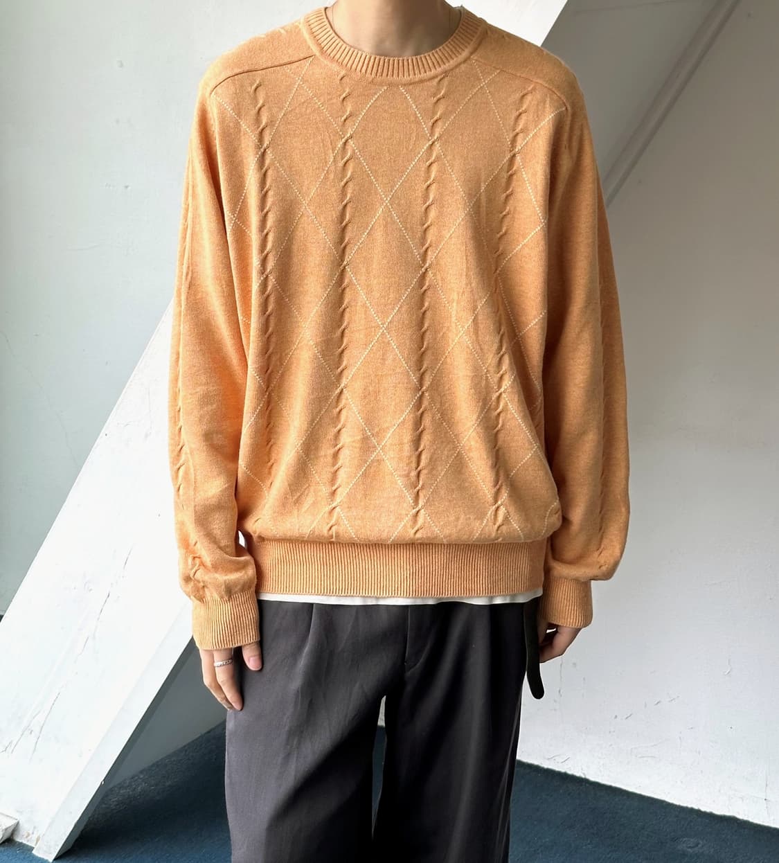 Cotton patterned stitch crew neck knit P 상품이미지3