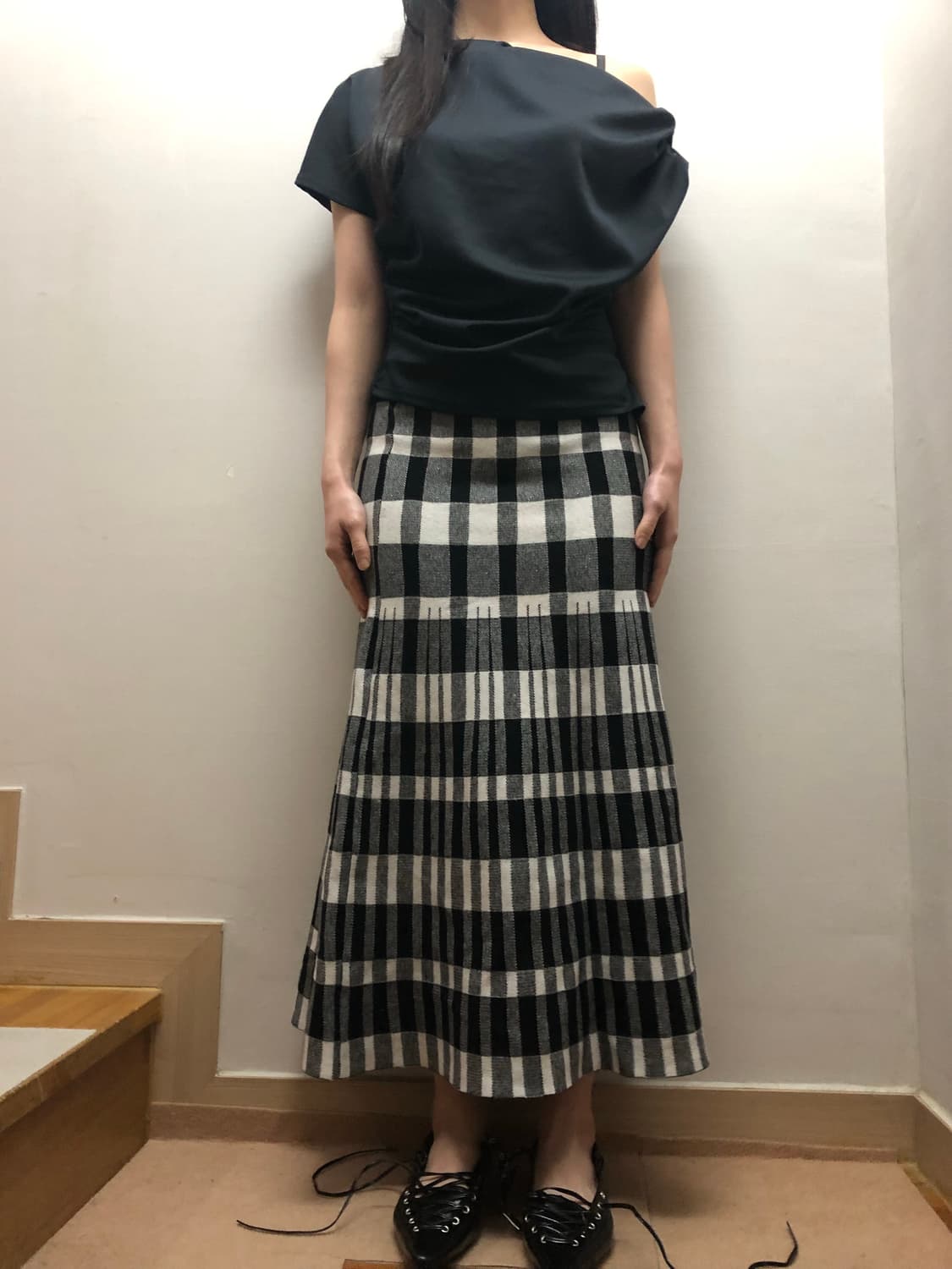 빈티지 블랙앤화이트 체크 롱 니트 스커트 상품이미지4