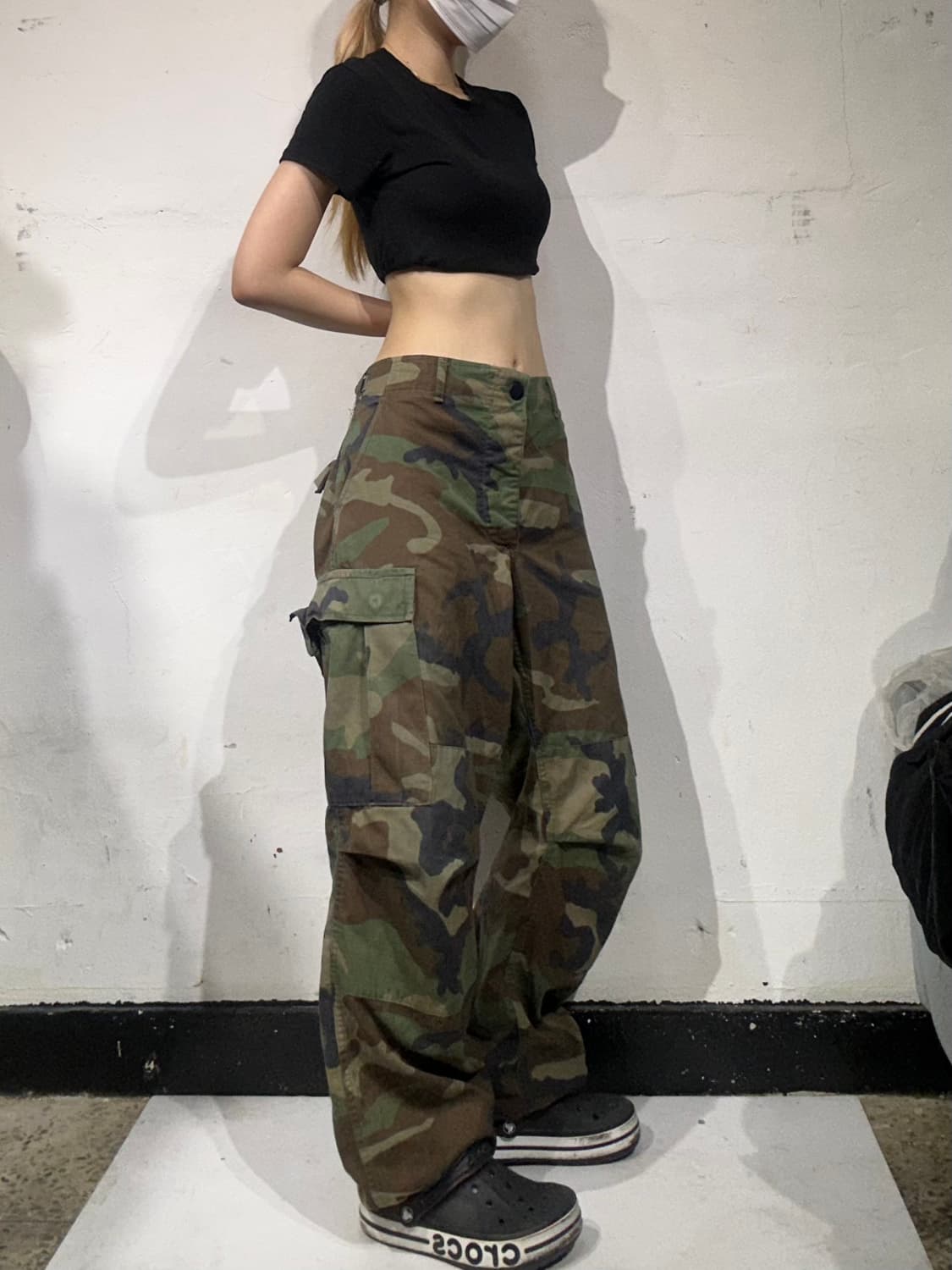 빈티지 카키 미군 밀리터리 카모 탄창 주머니 와이드 카고 바지   상품이미지1
