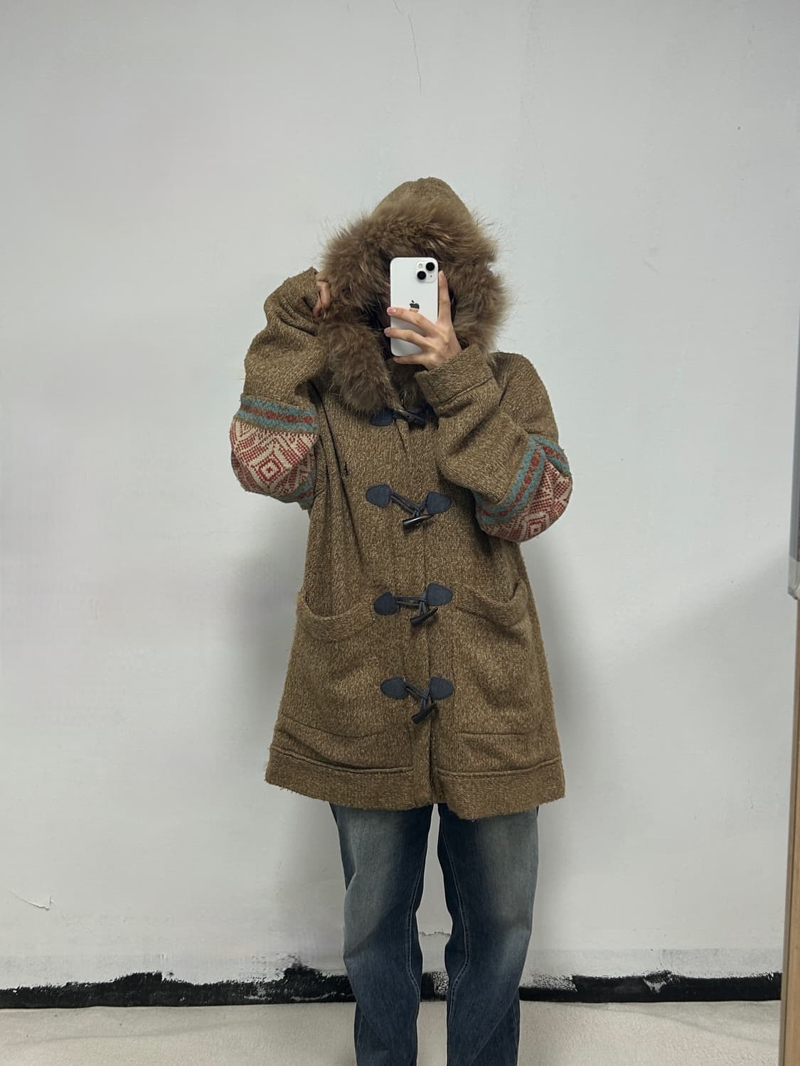  빈폴 자수로고 후드 퍼 베이지 더플 니트 자켓 상품이미지2