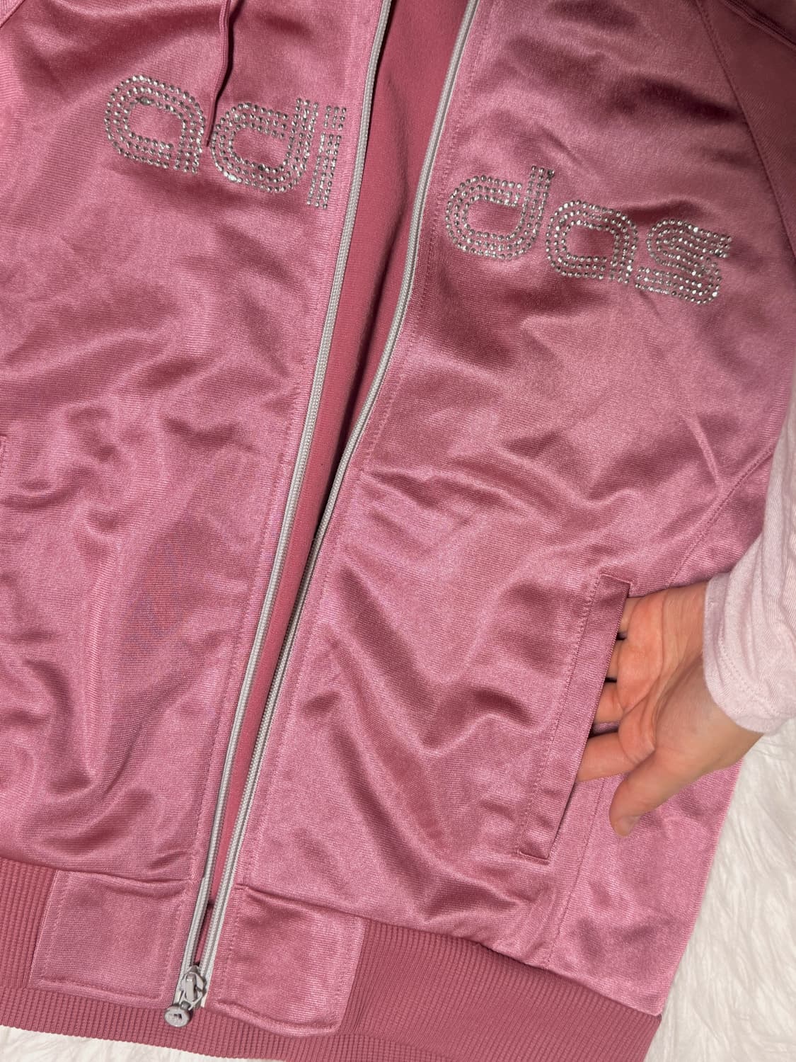 아디다스 새틴 로즈 핑크 큐빅 로고 삼선 트랙탑 져지 Y2K • 갸루 상품이미지4