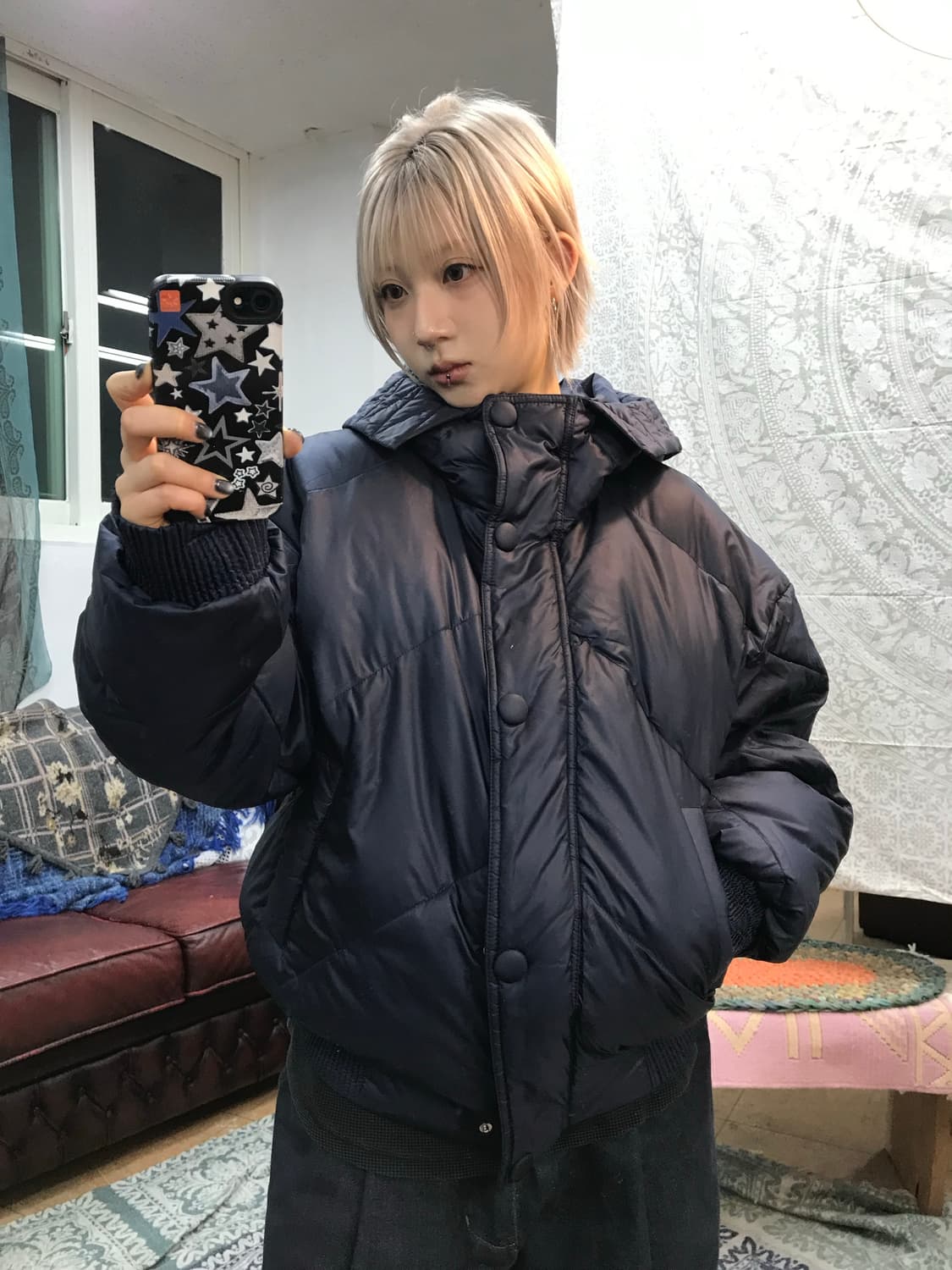 펠틱스 여성 버튼 네이비 후드패딩  상품이미지1