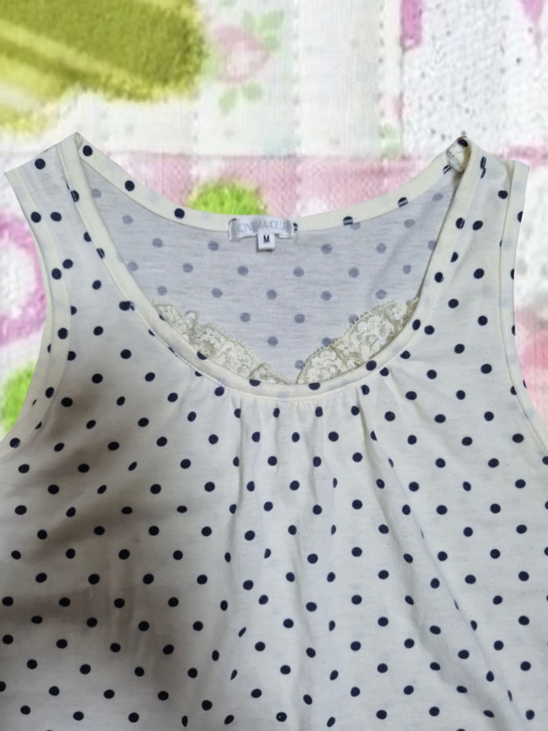 빈티지 모리걸 땡땡이 도트 레이스 나시 블라우스 슬리브리스 상품이미지3