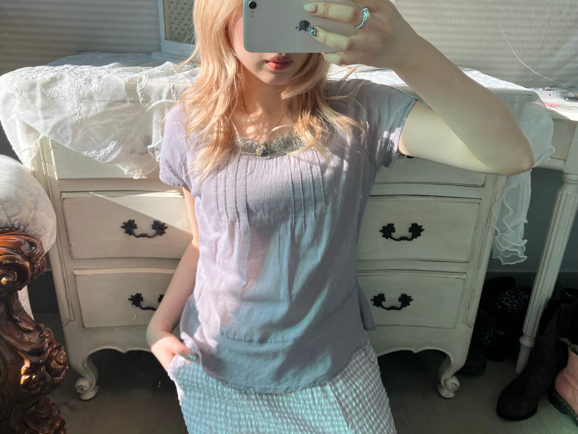 빈티지 모리 페일퍼플 핀턱 블라우스 상품이미지4