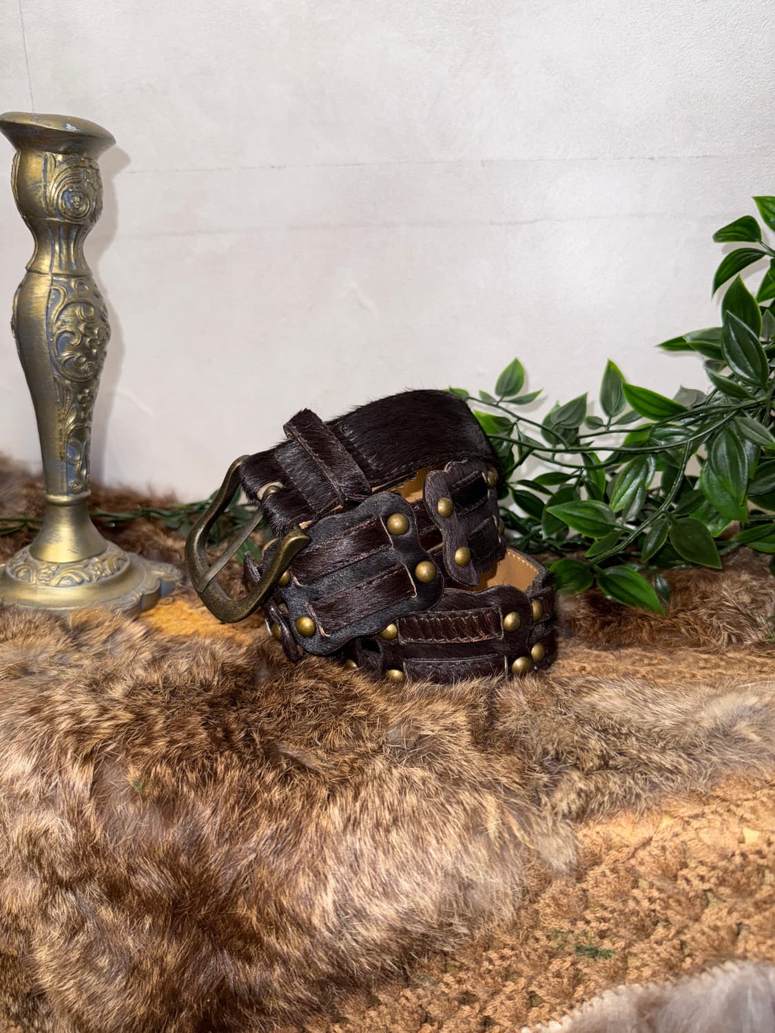 Dark brown calf fur stud buckle belt  상품이미지2