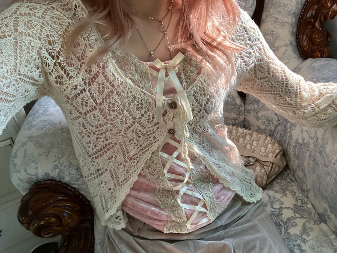 jpn vintage ivory crochet layered cardig 상품이미지3