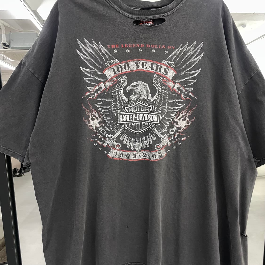 할리데이비슨 100주년 00s 하드페이딩 플레임 이글 빈티지 반팔티셔츠 상품이미지3