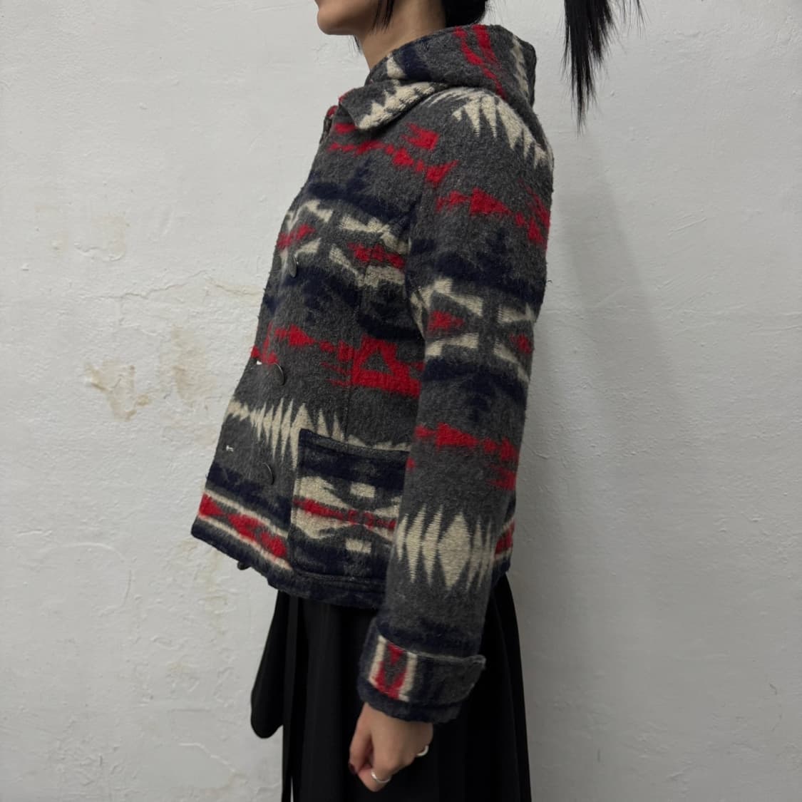 TITICACA 차콜컬러 나바호 풀 패턴 울 혼방 더블 하프 코트 자켓 상품이미지2
