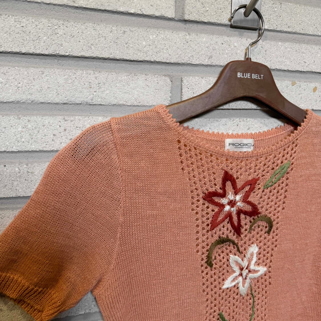 JPN VINTAGE 니트 반팔 플라워 자수 디테일 핑크 상품이미지2