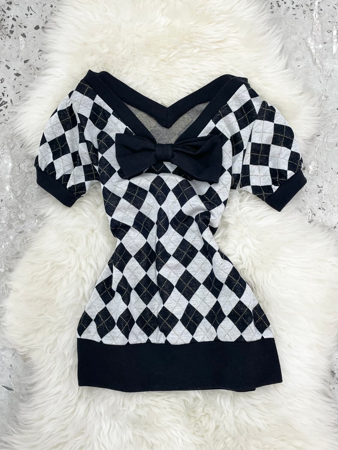 갸루 키치 리본 아가일 탑 상품이미지1