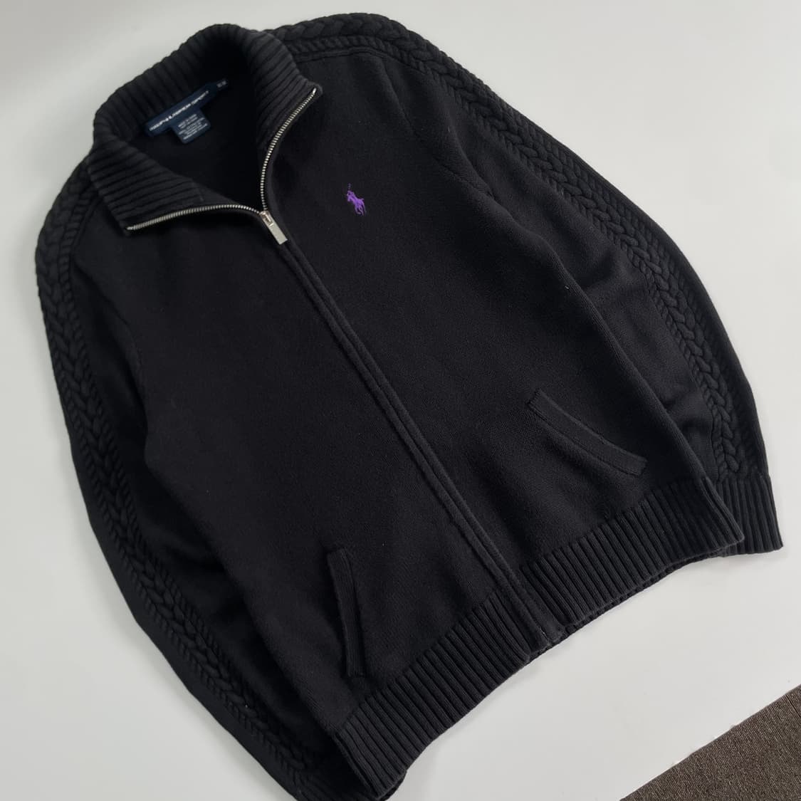 Polo 폴로 랄프로렌 우먼스 블랙 블랙 사이드 케이블 집업 가디건 상품이미지2