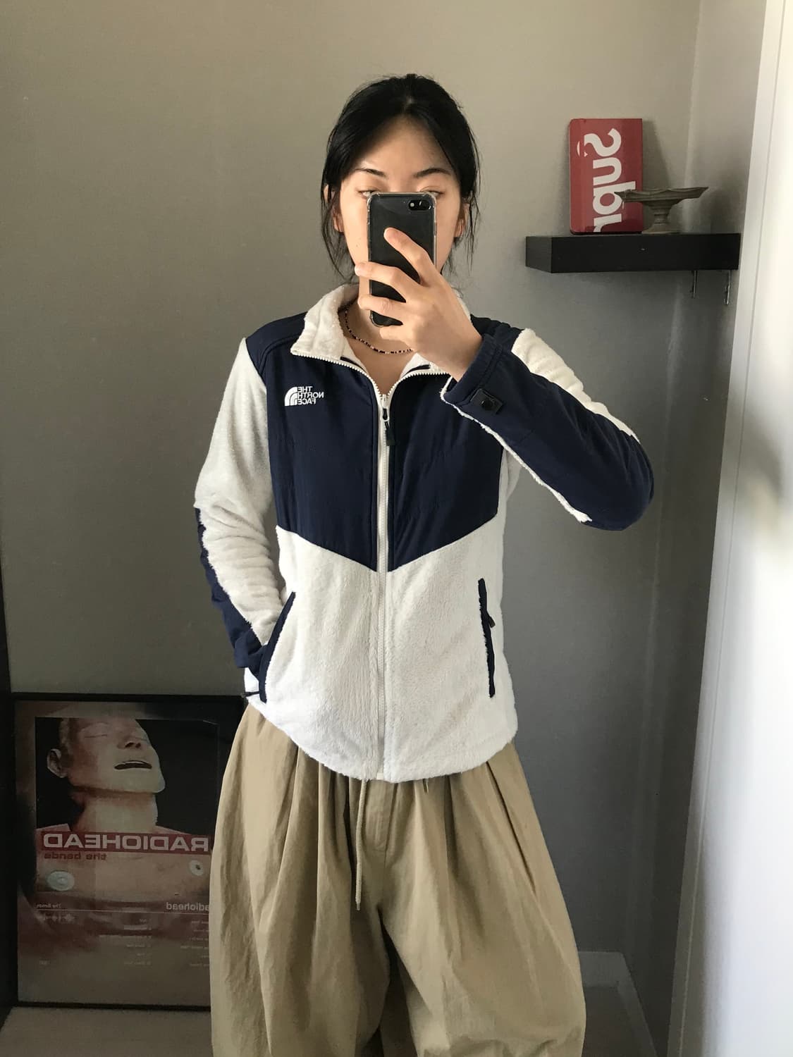 노스페이스 로고 화이트 네이비 플리스 집업 상품이미지3