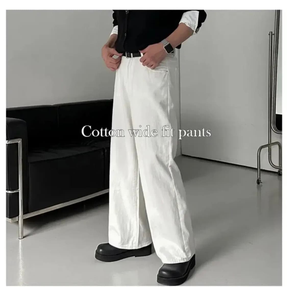 남자 화이트 와이드 코튼 팬츠 남친룩 상품이미지1