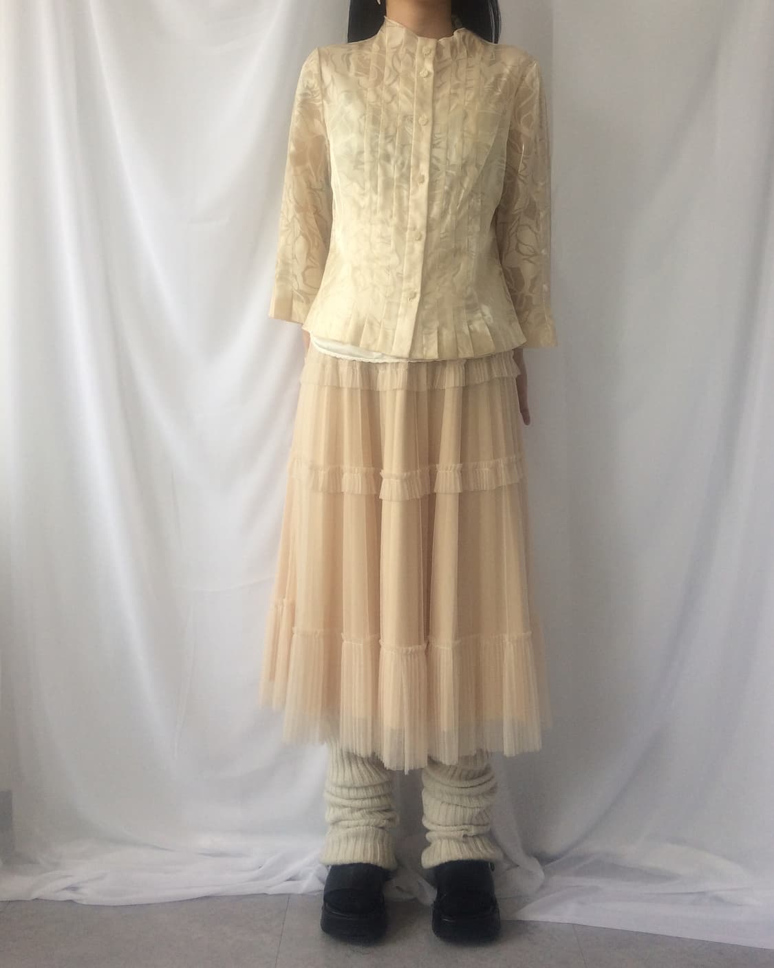 Flower pattern glossy pleats high neck j 상품이미지1